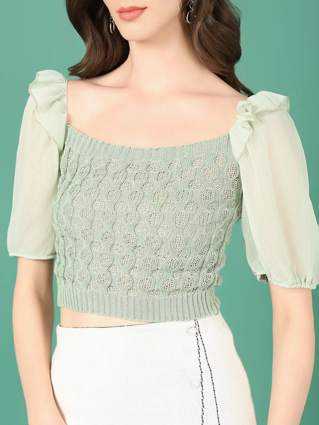 Women Sea Green Puff Sleeve Crochet Blouson Crop Top