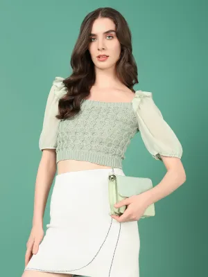 Women Sea Green Puff Sleeve Crochet Blouson Crop Top