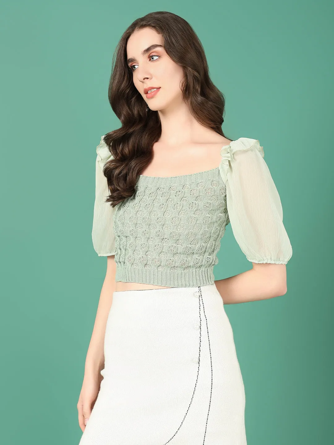 Women Sea Green Puff Sleeve Crochet Blouson Crop Top
