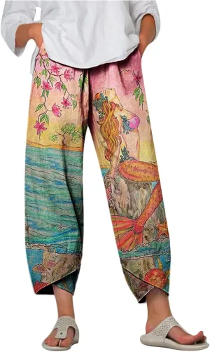 Women Summer Fashion Print Trousers Elastic Waist Wide Leg Pants Cotton Linen Summer Nine-Piece Trousers