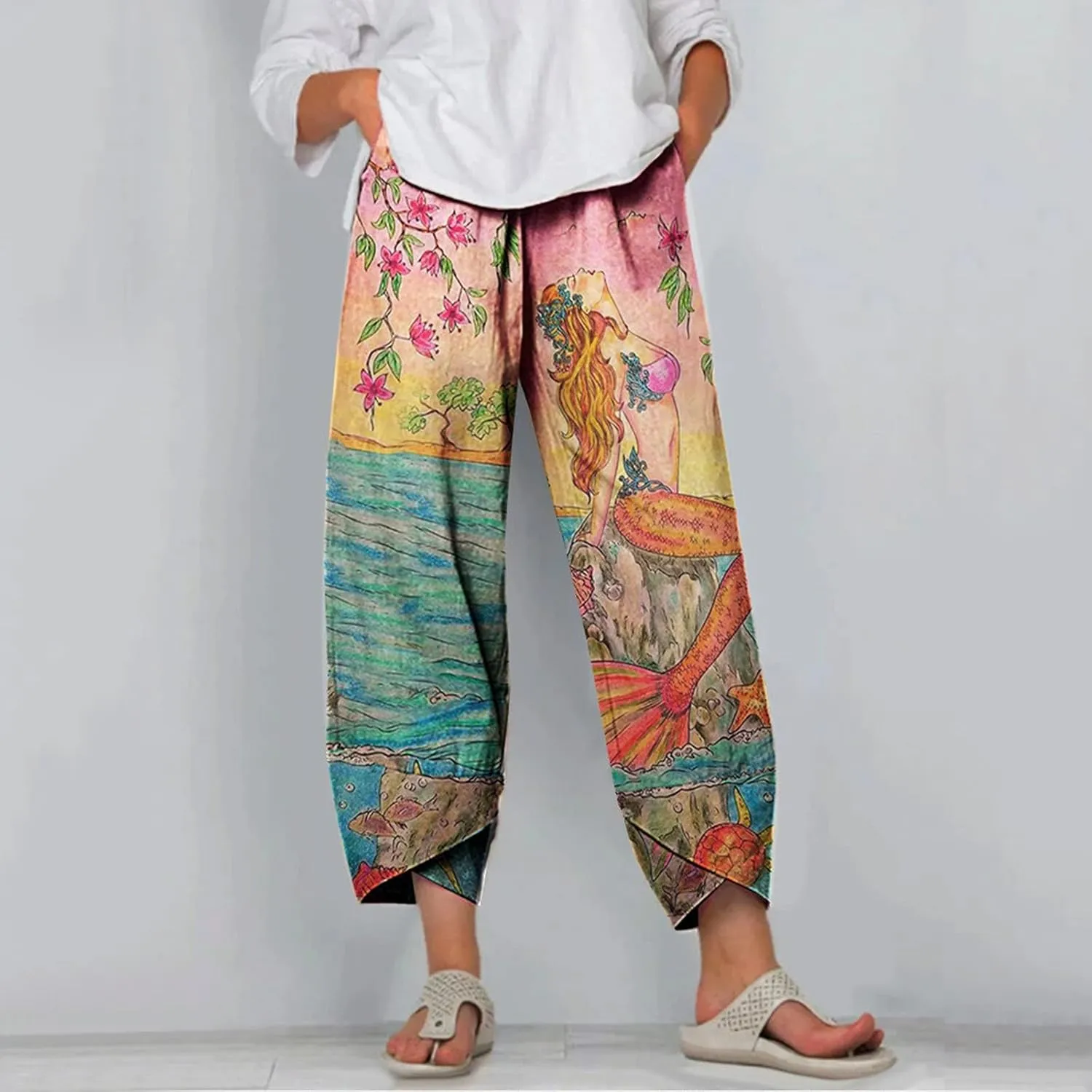 Women Summer Fashion Print Trousers Elastic Waist Wide Leg Pants Cotton Linen Summer Nine-Piece Trousers