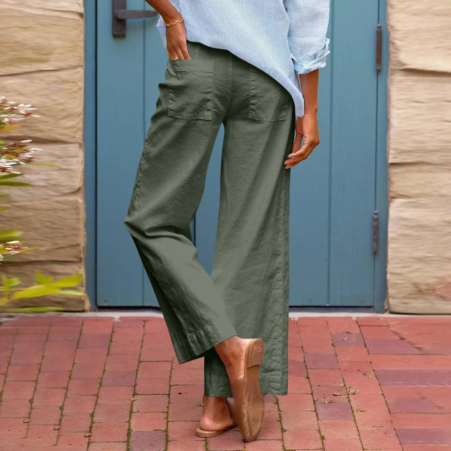 Women Wide Leg Pants, Straight High Waisted Wide Legs Trousers Casual Summer Cotton Linen Palazzo Pants with Pockets