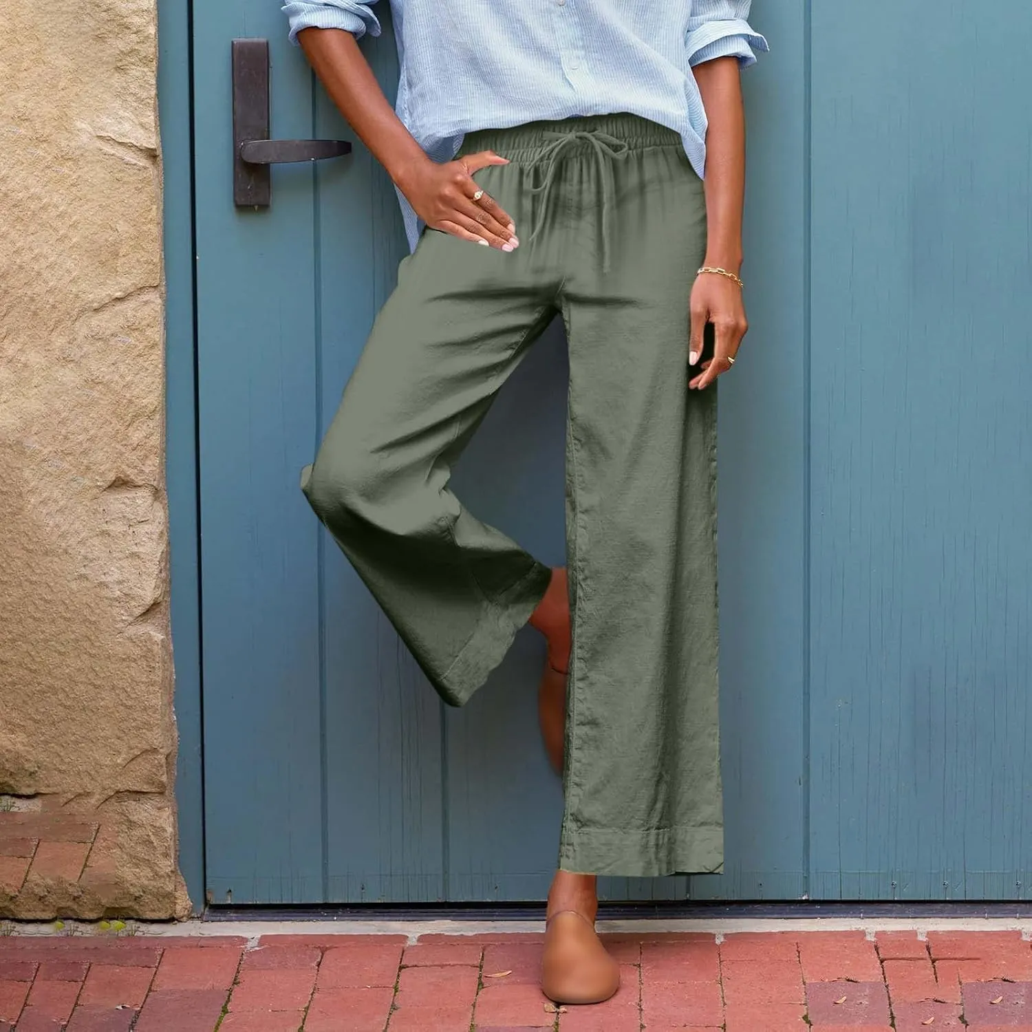 Women Wide Leg Pants, Straight High Waisted Wide Legs Trousers Casual Summer Cotton Linen Palazzo Pants with Pockets