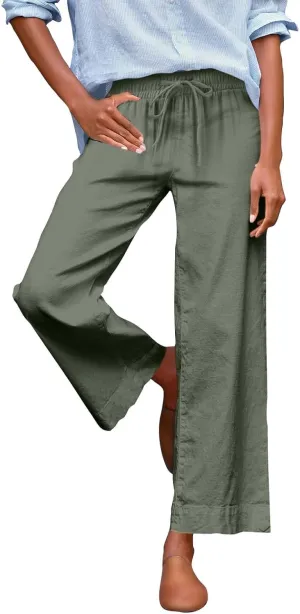 Women Wide Leg Pants, Straight High Waisted Wide Legs Trousers Casual Summer Cotton Linen Palazzo Pants with Pockets