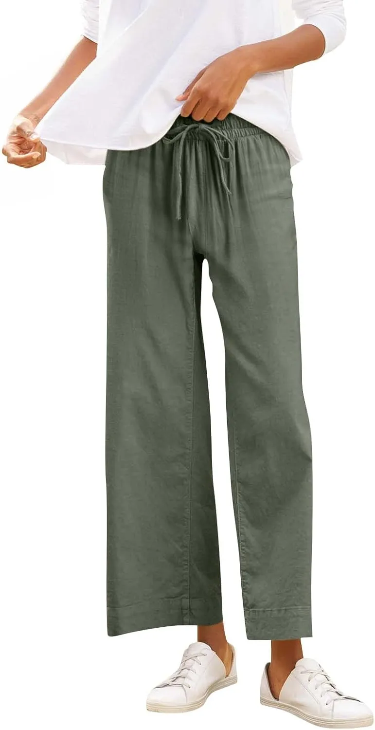 Women Wide Leg Pants, Straight High Waisted Wide Legs Trousers Casual Summer Cotton Linen Palazzo Pants with Pockets