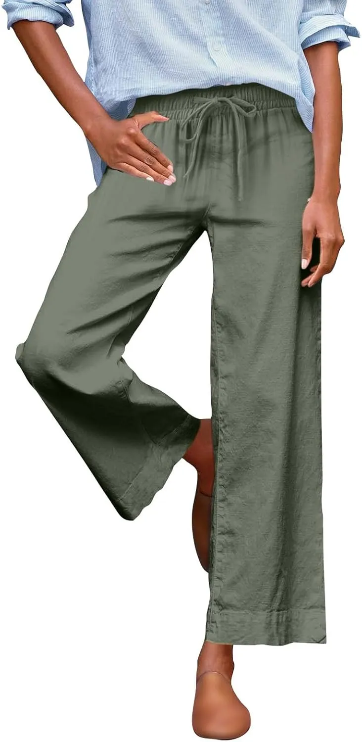 Women Wide Leg Pants, Straight High Waisted Wide Legs Trousers Casual Summer Cotton Linen Palazzo Pants with Pockets