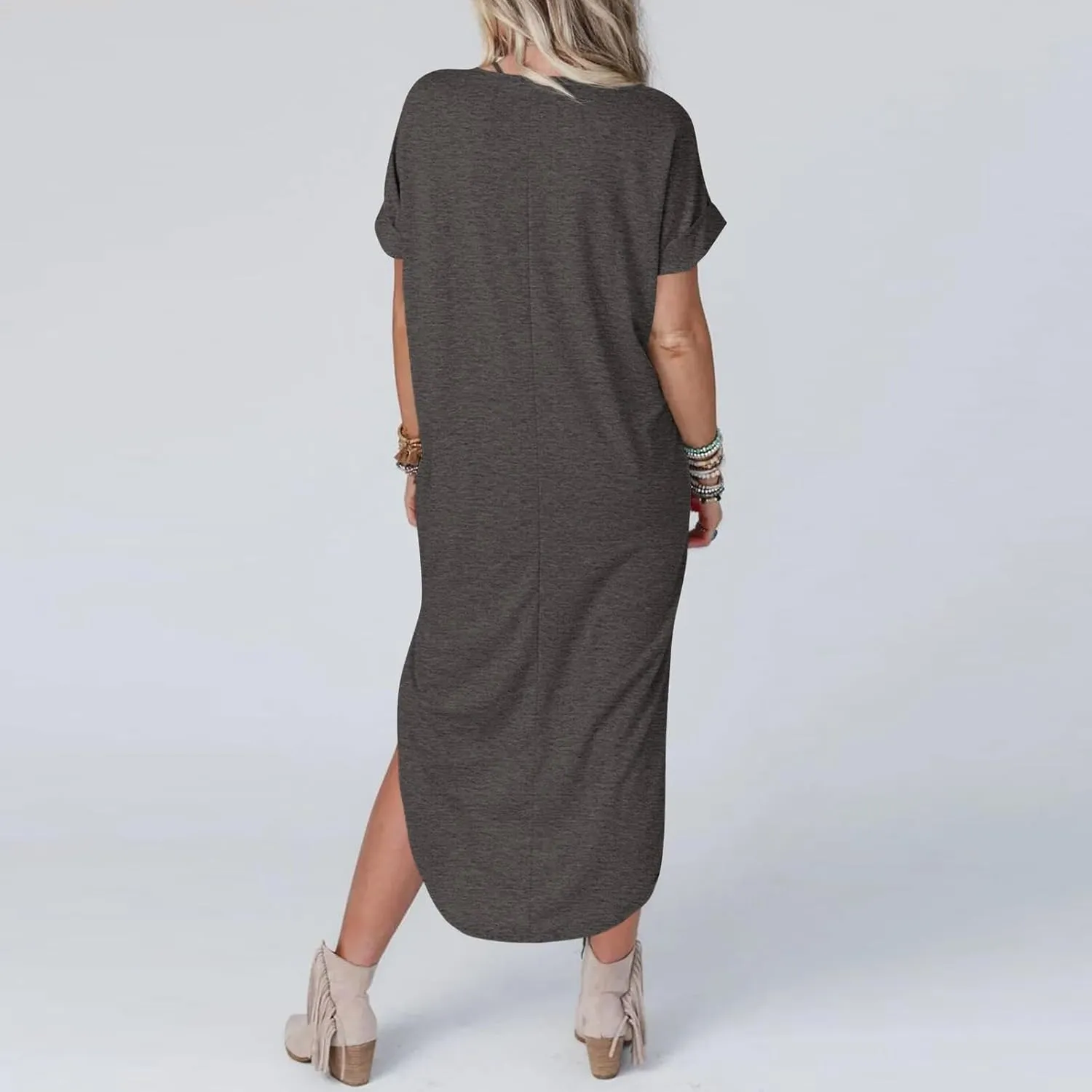 Women's 2024 T Shirt Dress Short Sleeve V Neck Solid Long Dress Side Split Casual Dresses with Pockets Dress for