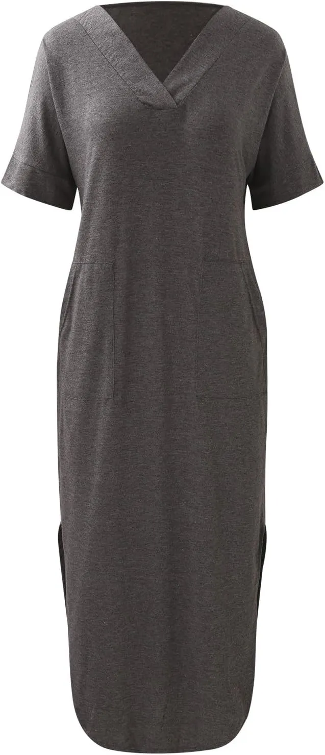 Women's 2024 T Shirt Dress Short Sleeve V Neck Solid Long Dress Side Split Casual Dresses with Pockets Dress for