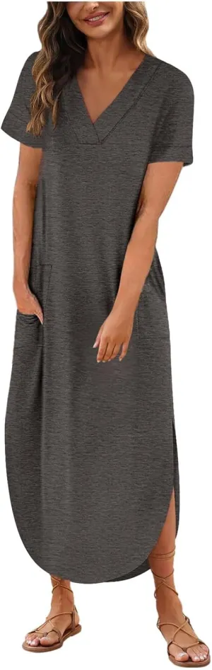 Women's 2024 T Shirt Dress Short Sleeve V Neck Solid Long Dress Side Split Casual Dresses with Pockets Dress for