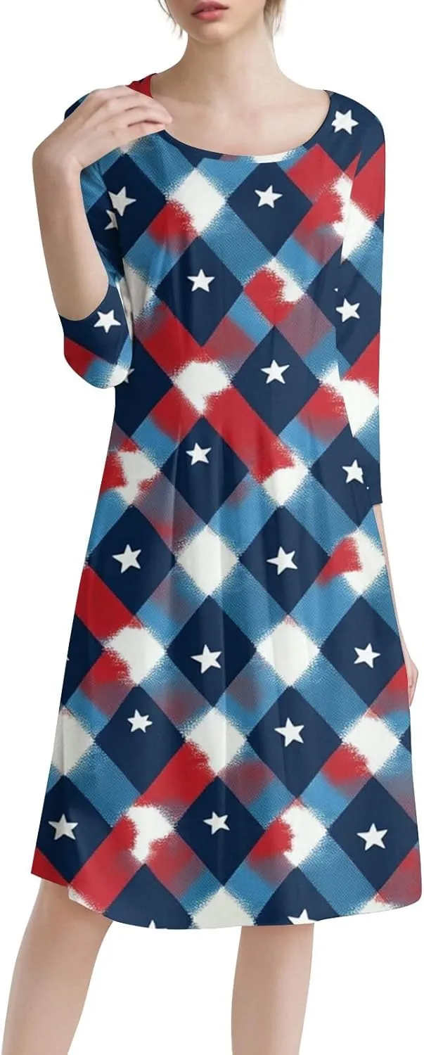 Women's American Flag Midi Dress 2025 4th of July USA Star Stripe Tee Dress Short Sleeve Crew Neck Ruched Dresses