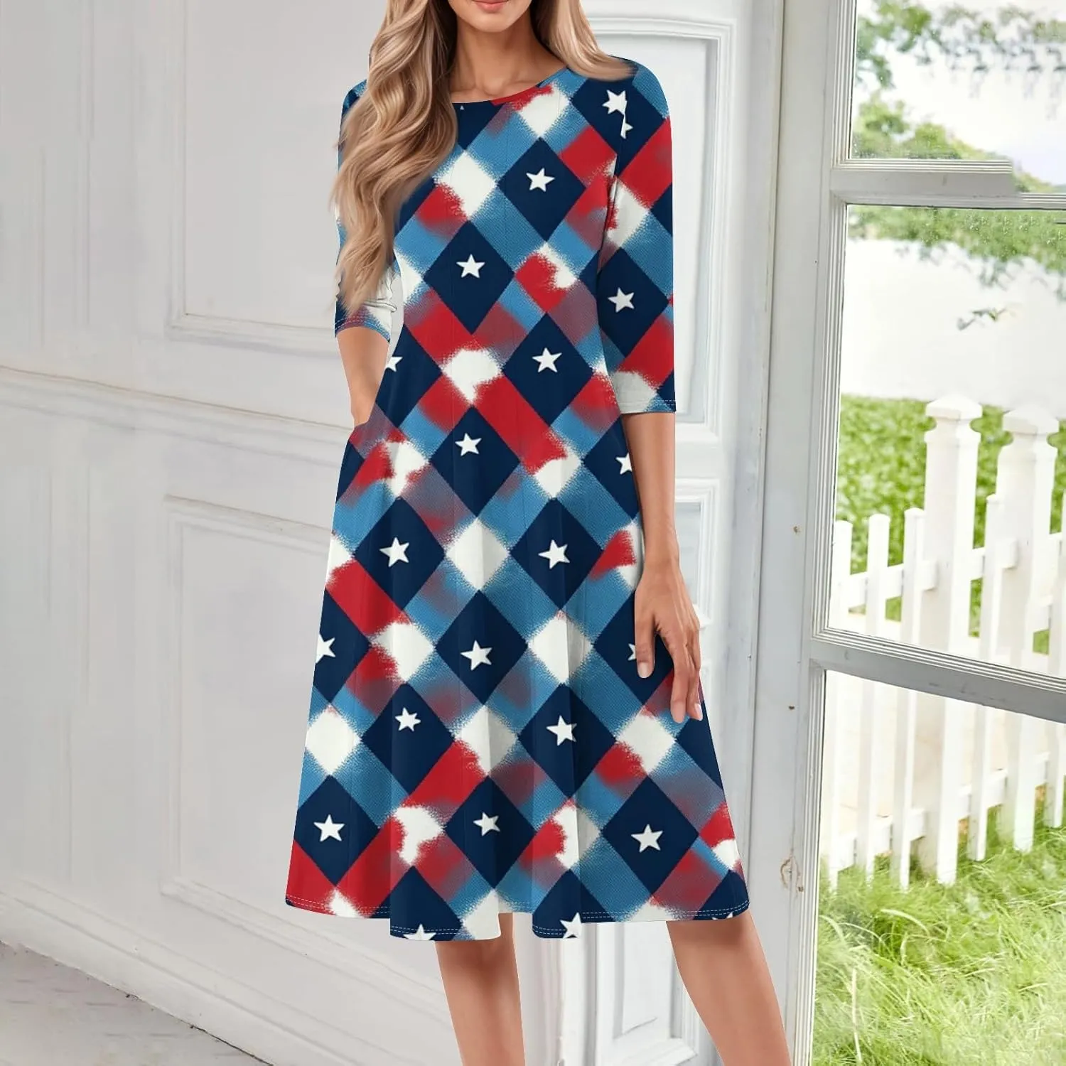 Women's American Flag Midi Dress 2025 4th of July USA Star Stripe Tee Dress Short Sleeve Crew Neck Ruched Dresses