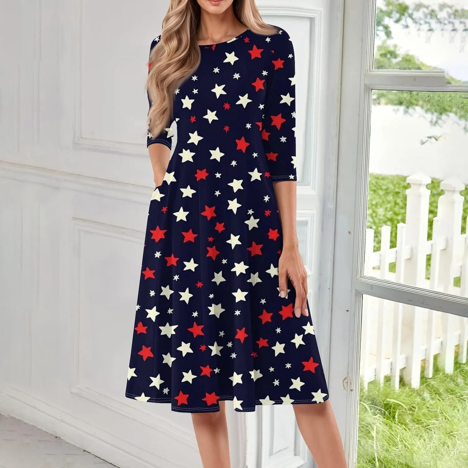 Women's American Flag Midi Dress 2025 4th of July USA Star Stripe Tee Dress Short Sleeve Crew Neck Ruched Dresses