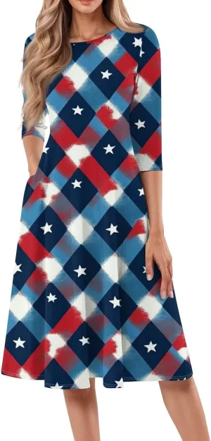 Women's American Flag Midi Dress 2025 4th of July USA Star Stripe Tee Dress Short Sleeve Crew Neck Ruched Dresses