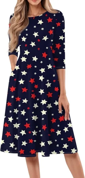 Women's American Flag Midi Dress 2025 4th of July USA Star Stripe Tee Dress Short Sleeve Crew Neck Ruched Dresses