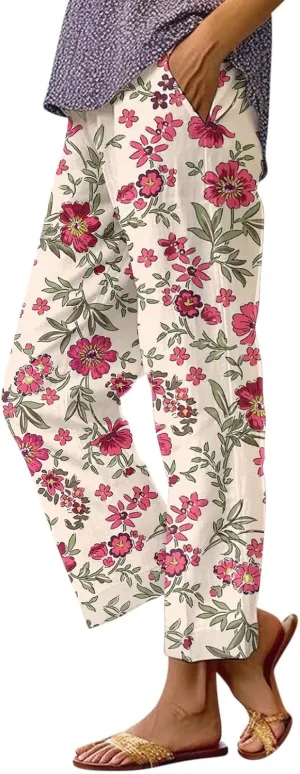 Women's Boho Floral Casual Pants Summer Wide Leg Elastic Waist Beach Vacation Retro Trousers with Pockets Plus Size