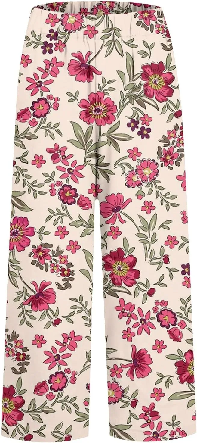 Women's Boho Floral Casual Pants Summer Wide Leg Elastic Waist Beach Vacation Retro Trousers with Pockets Plus Size