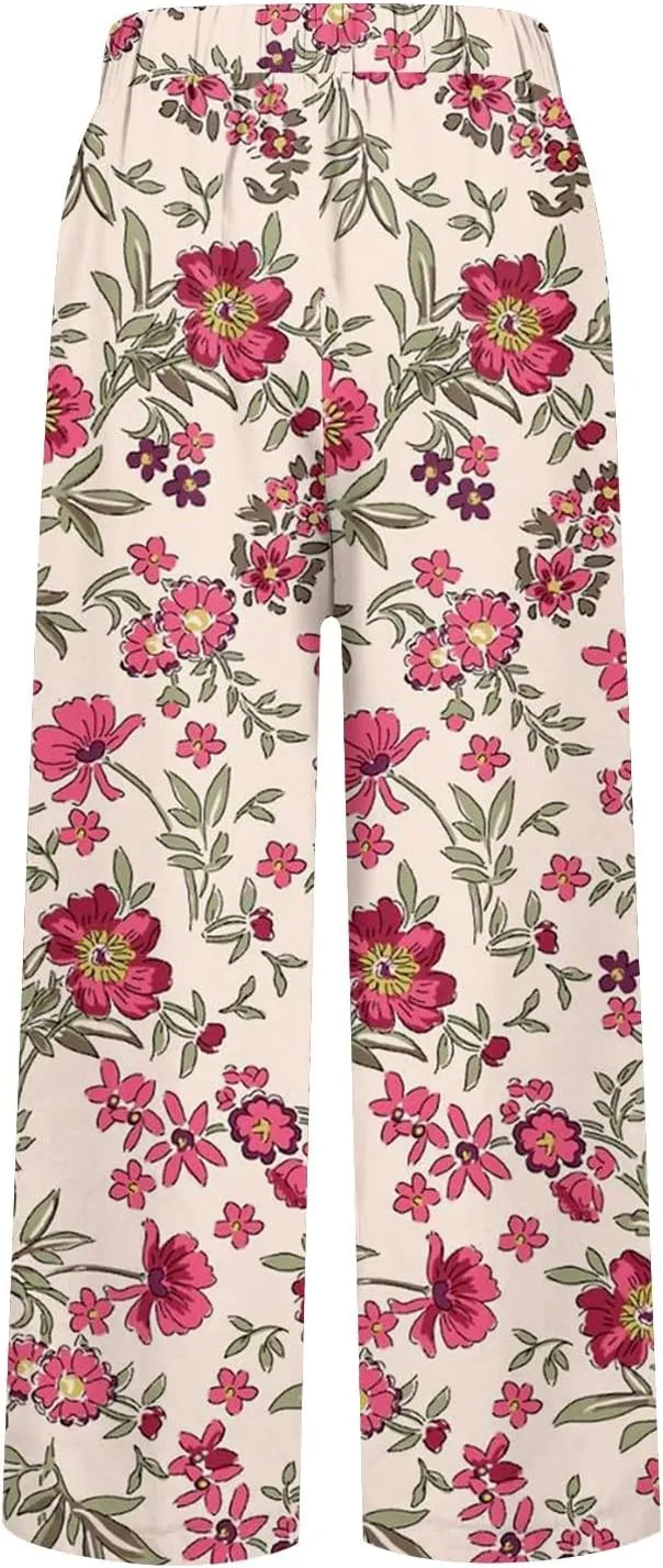 Women's Boho Floral Casual Pants Summer Wide Leg Elastic Waist Beach Vacation Retro Trousers with Pockets Plus Size