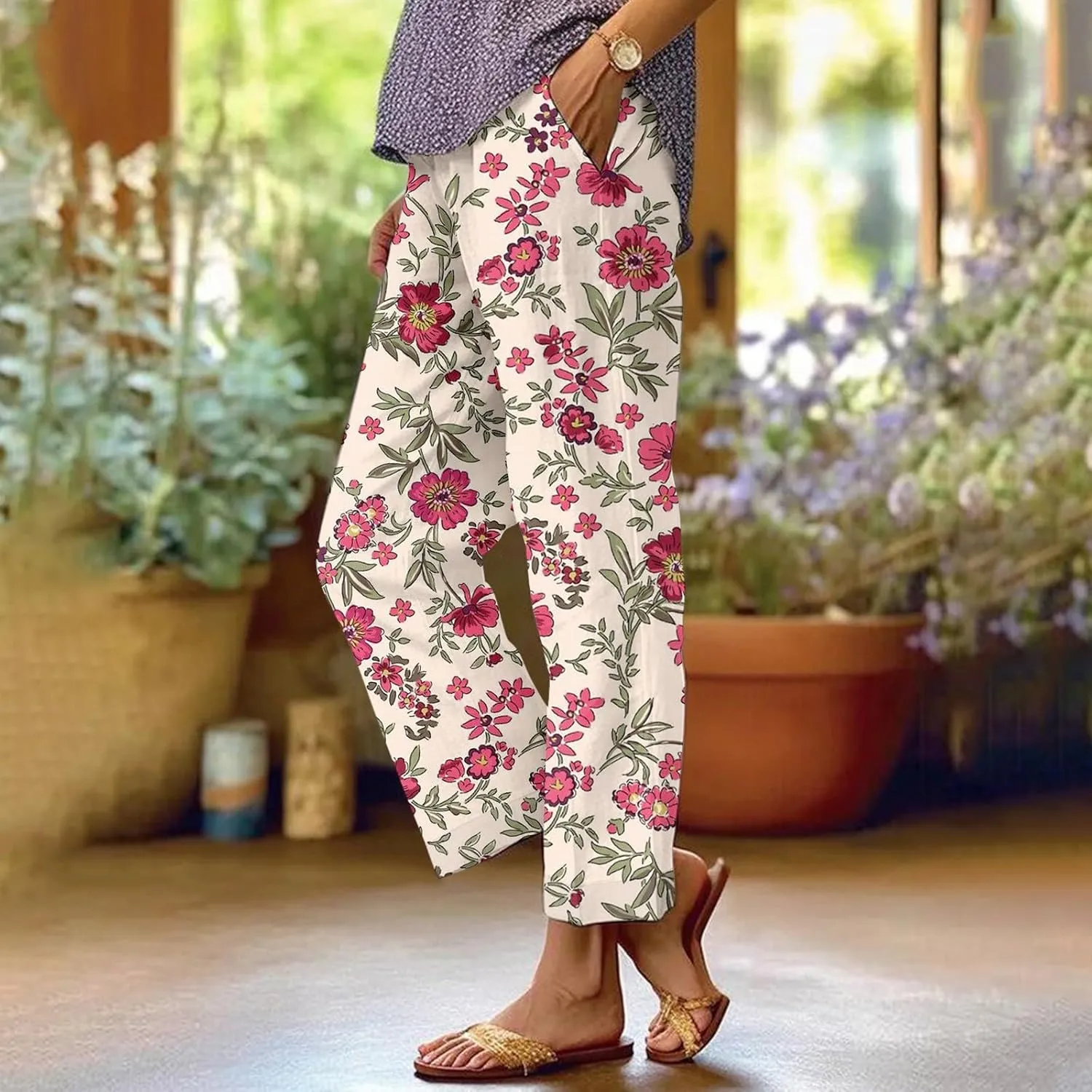 Women's Boho Floral Casual Pants Summer Wide Leg Elastic Waist Beach Vacation Retro Trousers with Pockets Plus Size