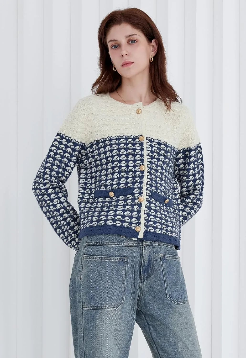 Womens Button Down Cardigan Sweaters Fall Cropped Cable Knit Dressy Jacquard Crewneck Sweater Tops
