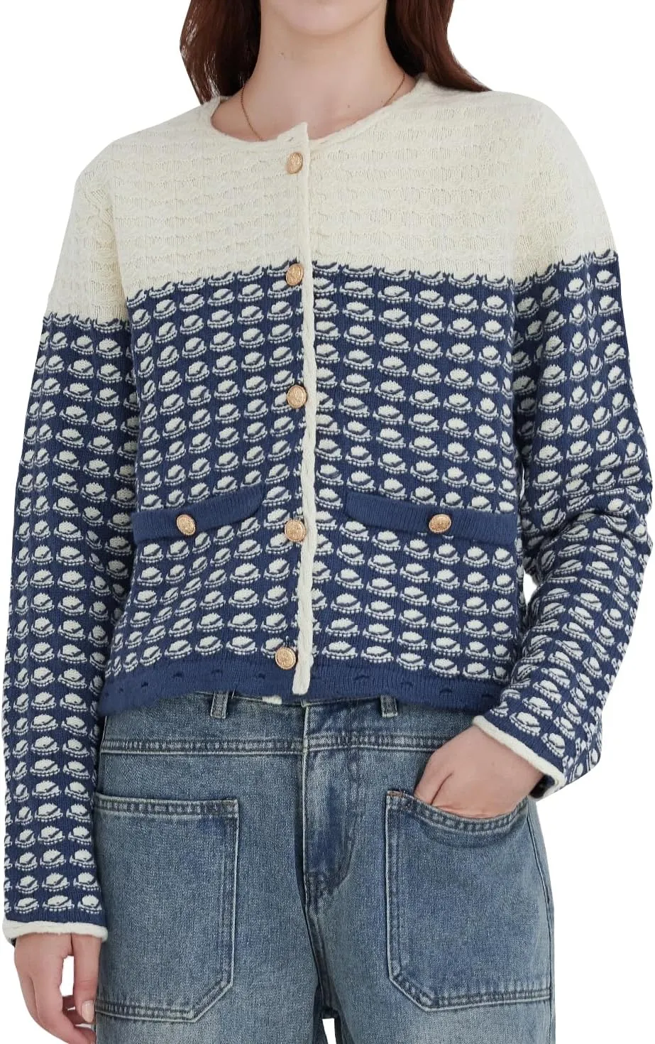 Womens Button Down Cardigan Sweaters Fall Cropped Cable Knit Dressy Jacquard Crewneck Sweater Tops