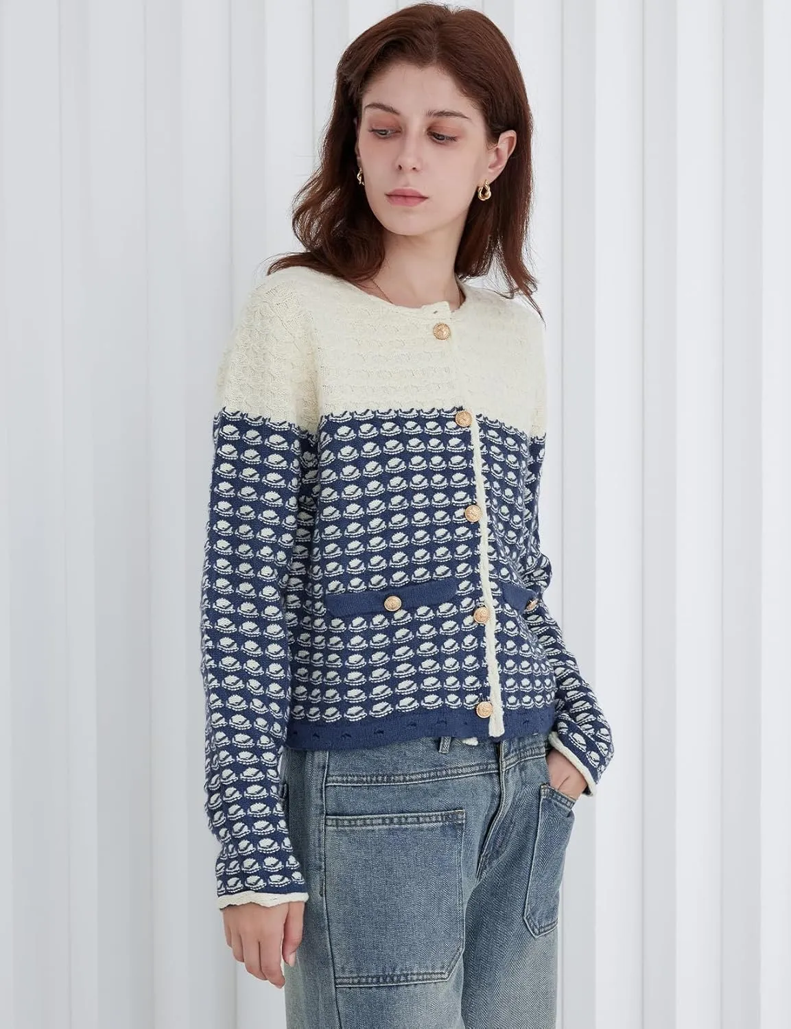 Womens Button Down Cardigan Sweaters Fall Cropped Cable Knit Dressy Jacquard Crewneck Sweater Tops