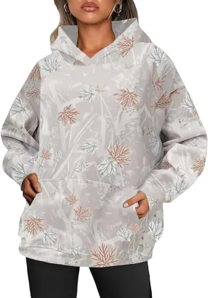 Womens Camo Hoodies Maple Leaf Print Oversized Hooded Pullover Long Sleeve Fleece Camo Sweatshirt Sweater with Pocket