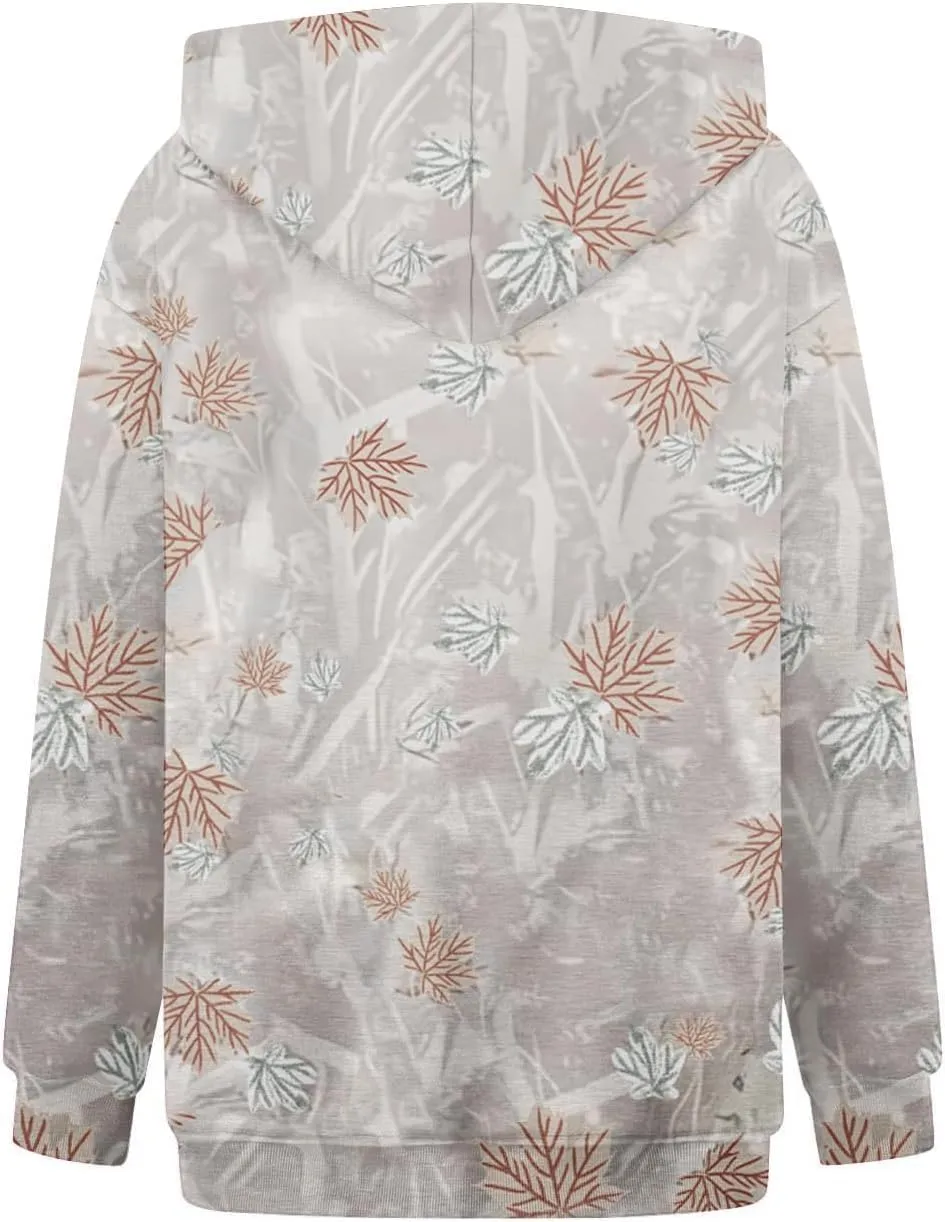 Womens Camo Hoodies Maple Leaf Print Oversized Hooded Pullover Long Sleeve Fleece Camo Sweatshirt Sweater with Pocket