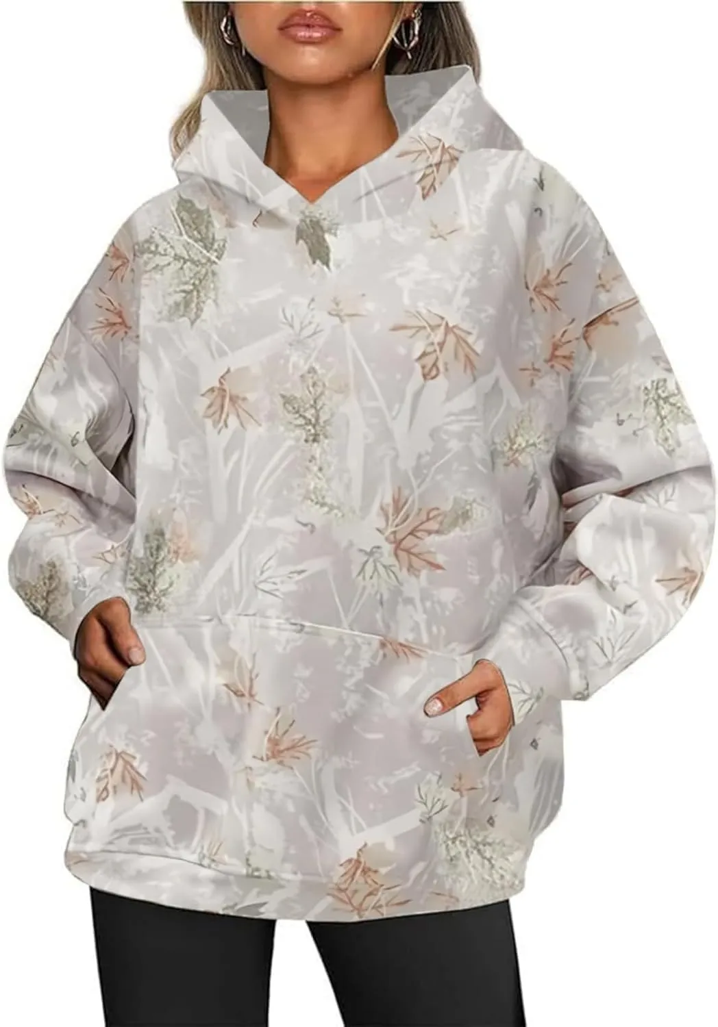 Womens Camo Hoodies Maple Leaf Print Oversized Hooded Pullover Long Sleeve Fleece Camo Sweatshirt Sweater with Pocket