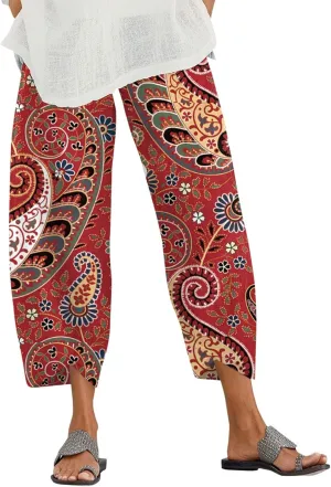 Womens Capri Pants for Summer Cotton Linen Lightweight Palazzo Pants Summer High Waist Straight Leg Baggy Sweatpants Trousers Paisley Printed Linen Capris for Women Red,XXL