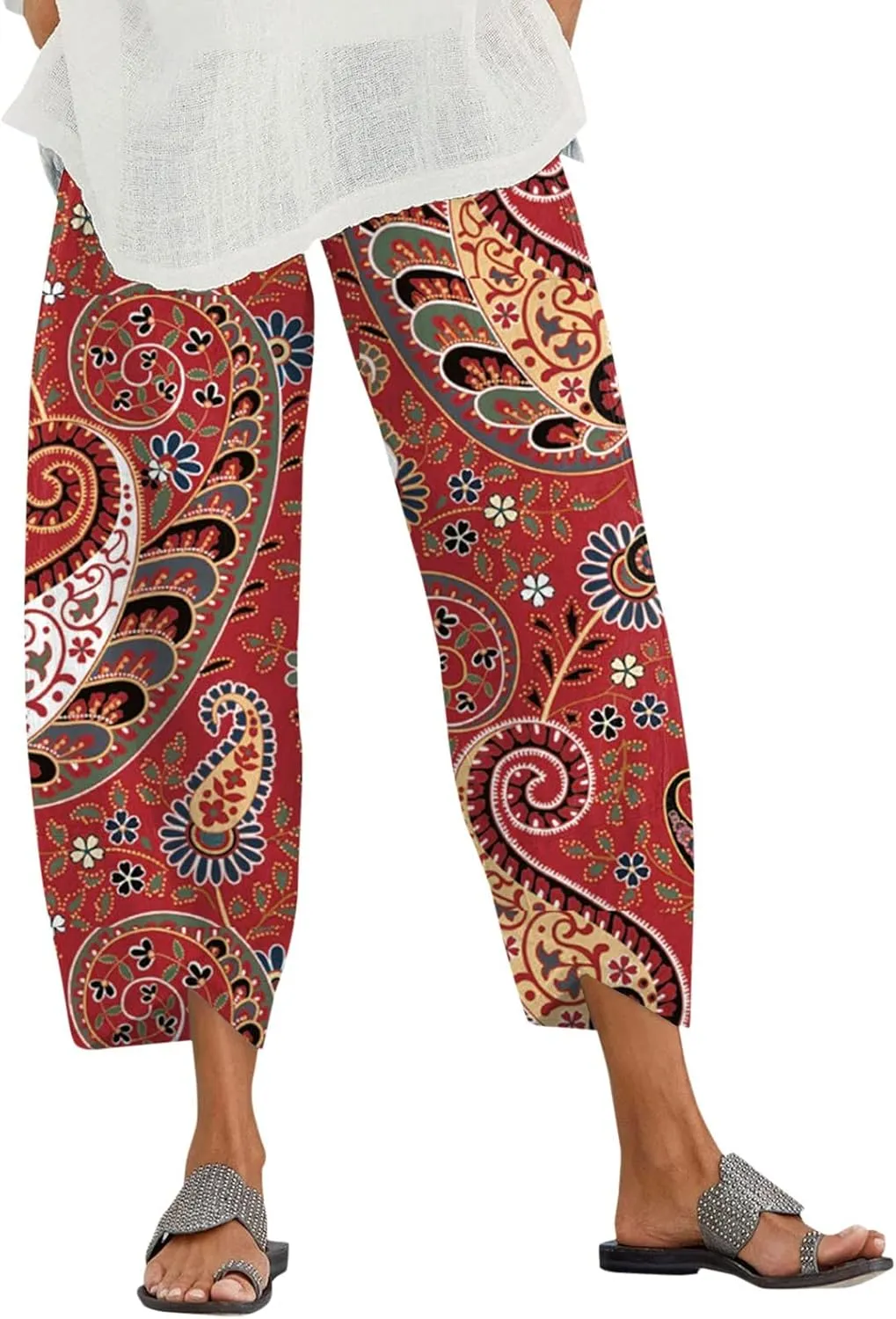 Womens Capri Pants for Summer Cotton Linen Lightweight Palazzo Pants Summer High Waist Straight Leg Baggy Sweatpants Trousers Paisley Printed Linen Capris for Women Red,XXL