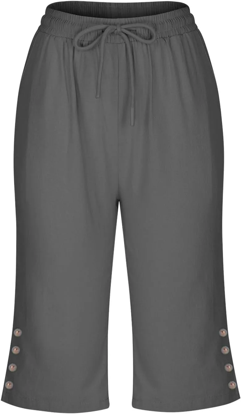 Womens Capris Pants High Waist Drawstring Comfy Casual Pants Lightweight Loose Trousers Buttons Trim with Pockets