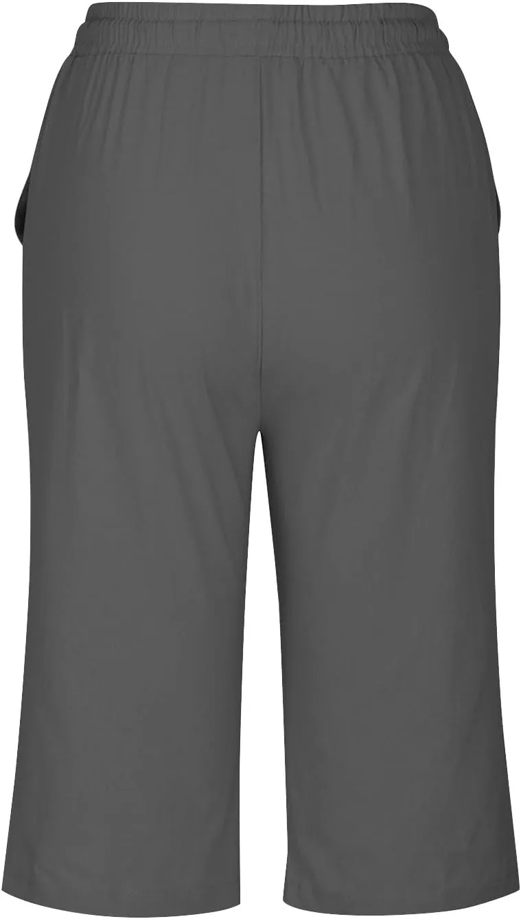 Womens Capris Pants High Waist Drawstring Comfy Casual Pants Lightweight Loose Trousers Buttons Trim with Pockets
