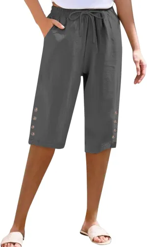 Womens Capris Pants High Waist Drawstring Comfy Casual Pants Lightweight Loose Trousers Buttons Trim with Pockets