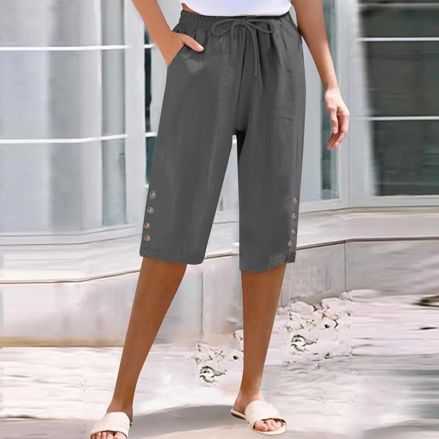 Womens Capris Pants High Waist Drawstring Comfy Casual Pants Lightweight Loose Trousers Buttons Trim with Pockets