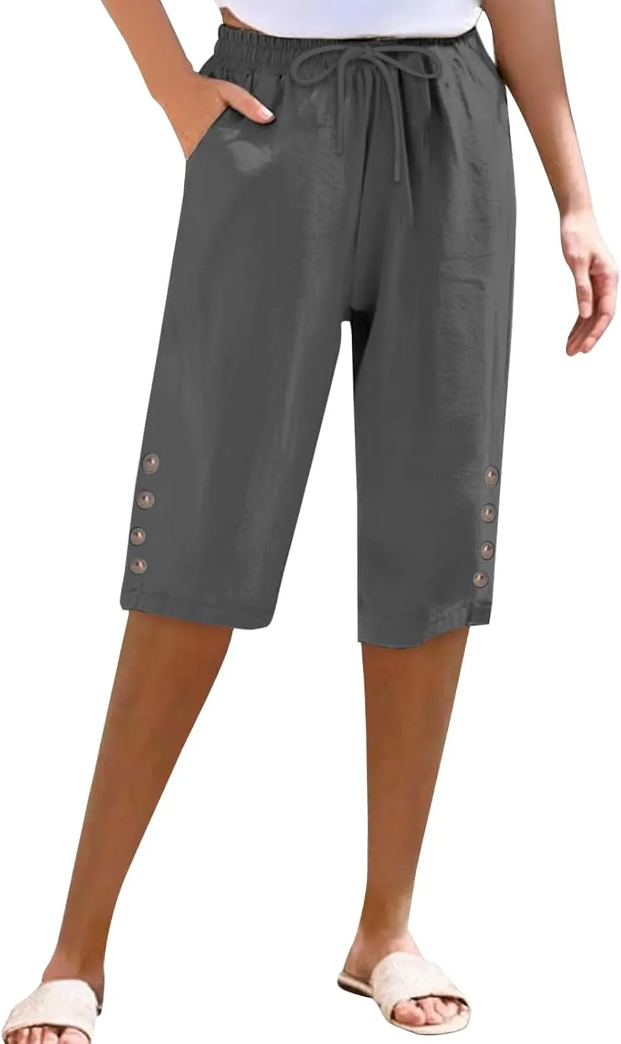 Womens Capris Pants High Waist Drawstring Comfy Casual Pants Lightweight Loose Trousers Buttons Trim with Pockets
