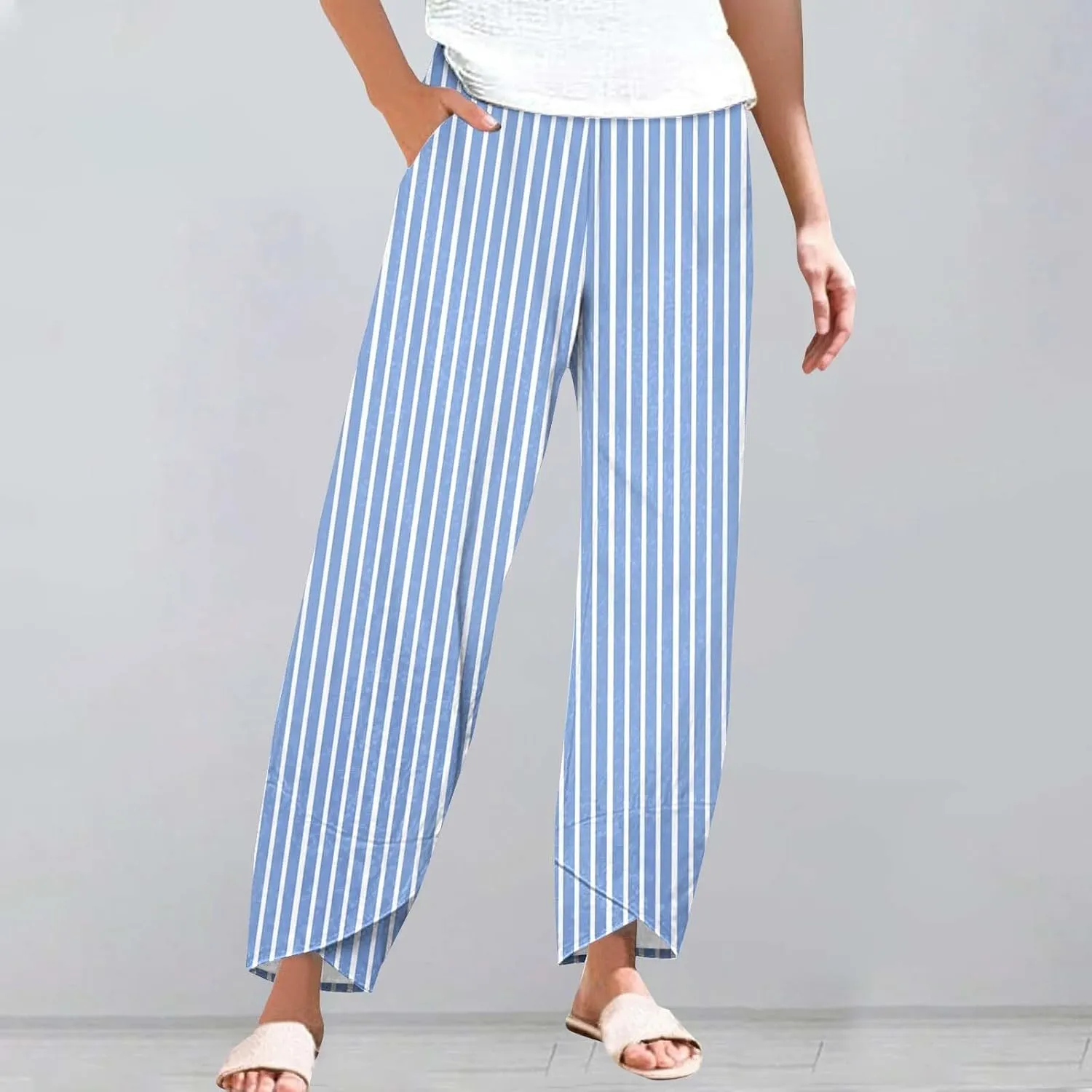 Women's Casual Boho Striped Graphic Cotton Linen High Waisted Cropped Pants Summer Beach Outdoor Fashion Trousers