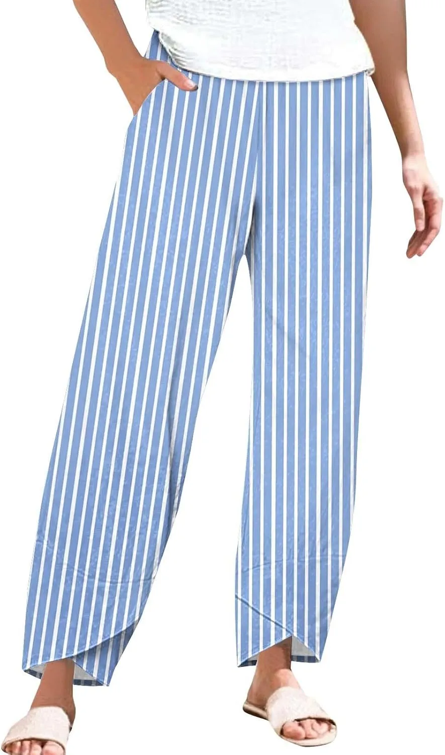 Women's Casual Boho Striped Graphic Cotton Linen High Waisted Cropped Pants Summer Beach Outdoor Fashion Trousers