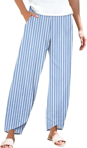 Women's Casual Boho Striped Graphic Cotton Linen High Waisted Cropped Pants Summer Beach Outdoor Fashion Trousers