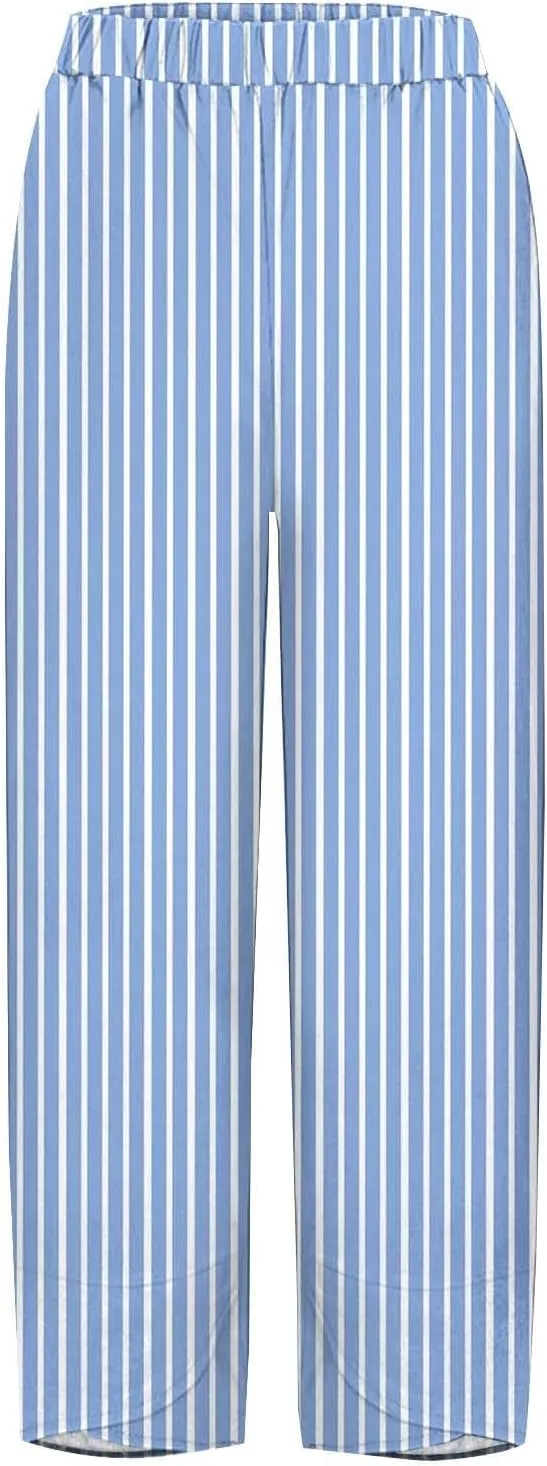 Women's Casual Boho Striped Graphic Cotton Linen High Waisted Cropped Pants Summer Beach Outdoor Fashion Trousers