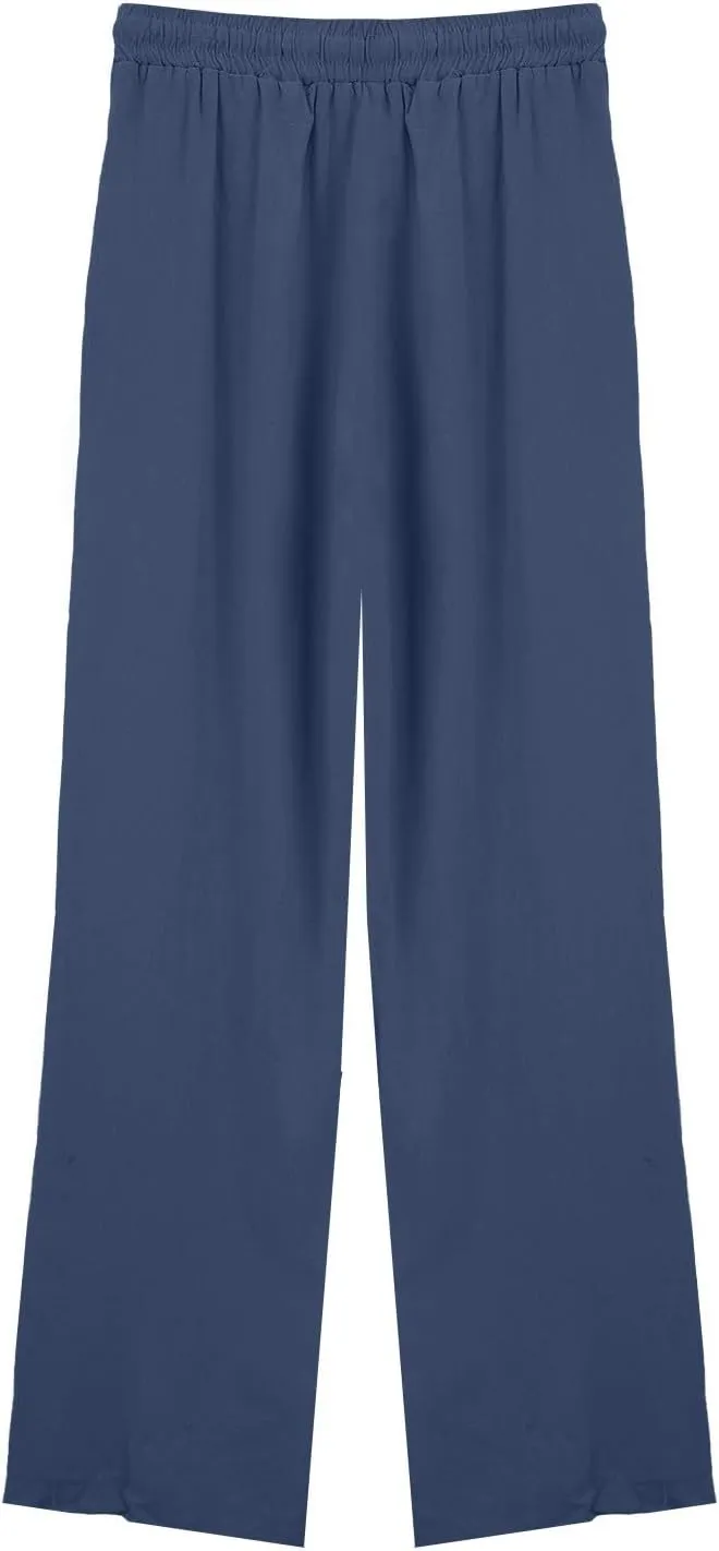 Womens Casual Cotton Linen Pants 2025 Drawstring Elastic Waist Solid Plus Size Lounge Long Trousers with Pockets