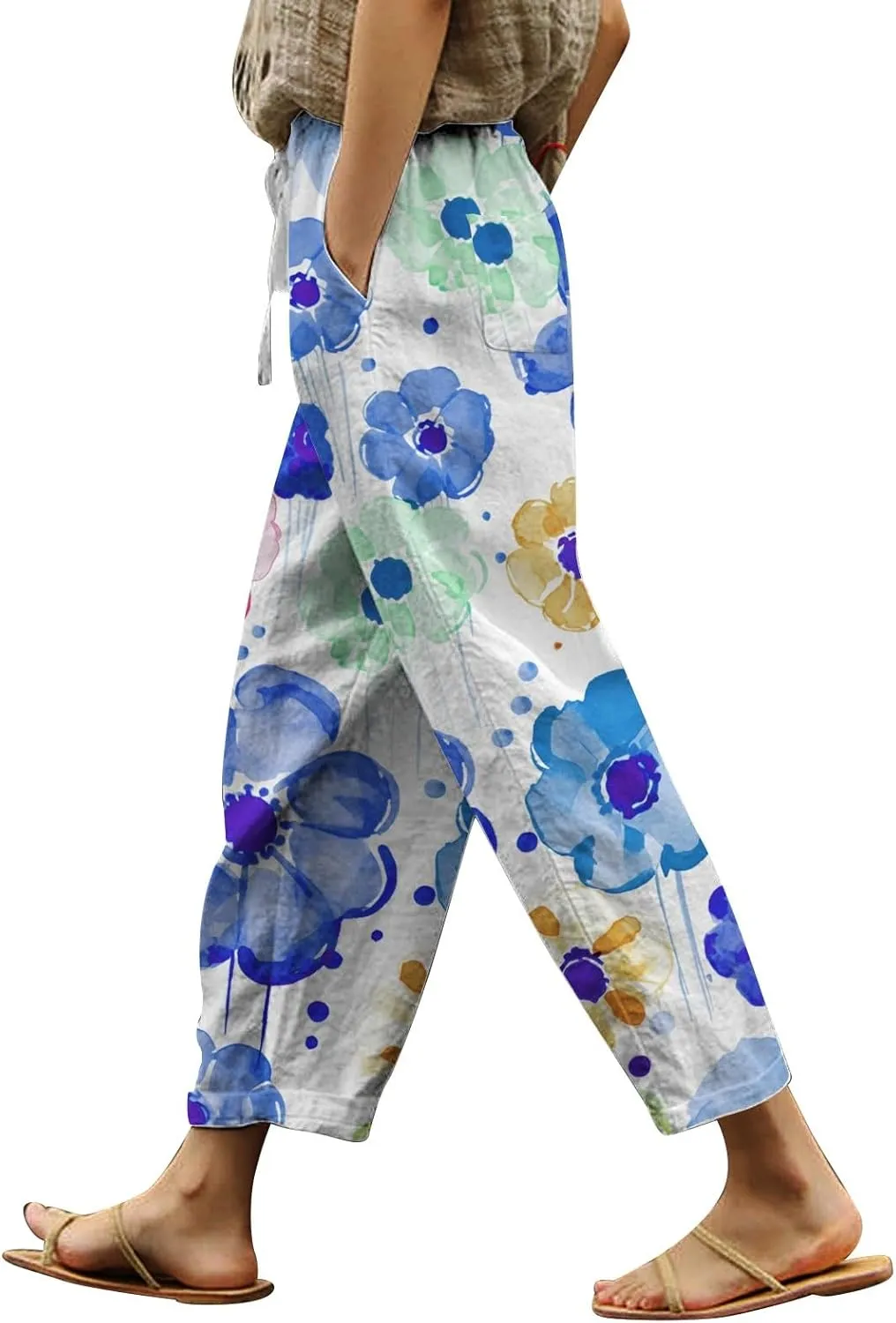 Womens Casual Cotton Linen Pants Drawstring Waist Cropped Trouser Loose Floral Print Summer Beach Pants with Pockets