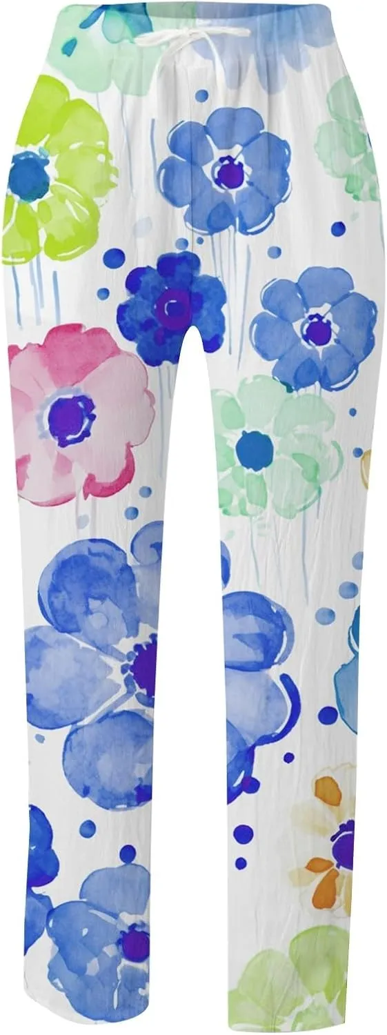 Womens Casual Cotton Linen Pants Drawstring Waist Cropped Trouser Loose Floral Print Summer Beach Pants with Pockets