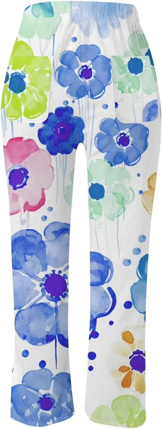 Womens Casual Cotton Linen Pants Drawstring Waist Cropped Trouser Loose Floral Print Summer Beach Pants with Pockets