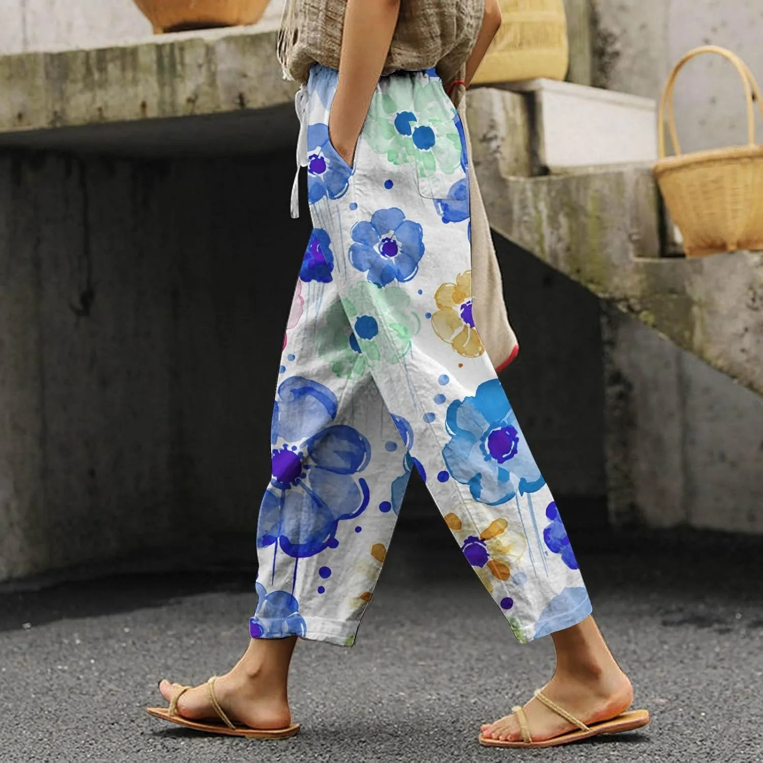 Womens Casual Cotton Linen Pants Drawstring Waist Cropped Trouser Loose Floral Print Summer Beach Pants with Pockets
