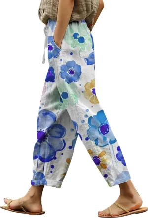 Womens Casual Cotton Linen Pants Drawstring Waist Cropped Trouser Loose Floral Print Summer Beach Pants with Pockets