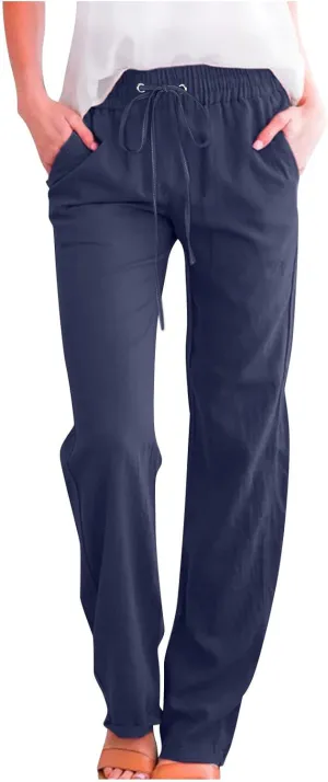 Womens Casual Linen High Waist Pants Drawstring Loose Fit Summer Pants Comfy Work Trousers with Side Pockets