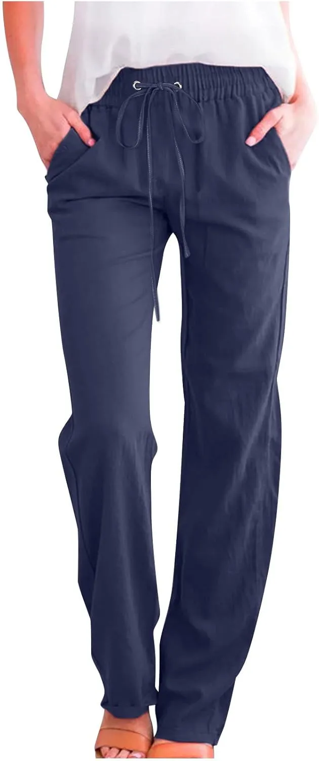 Womens Casual Linen High Waist Pants Drawstring Loose Fit Summer Pants Comfy Work Trousers with Side Pockets
