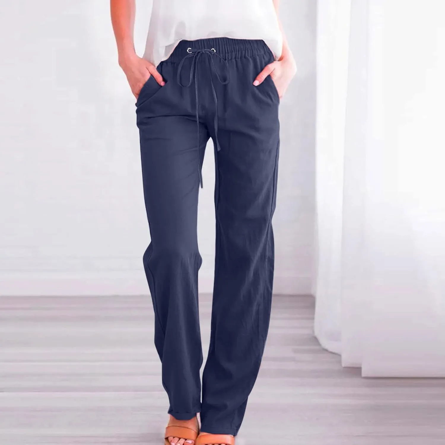 Womens Casual Linen High Waist Pants Drawstring Loose Fit Summer Pants Comfy Work Trousers with Side Pockets