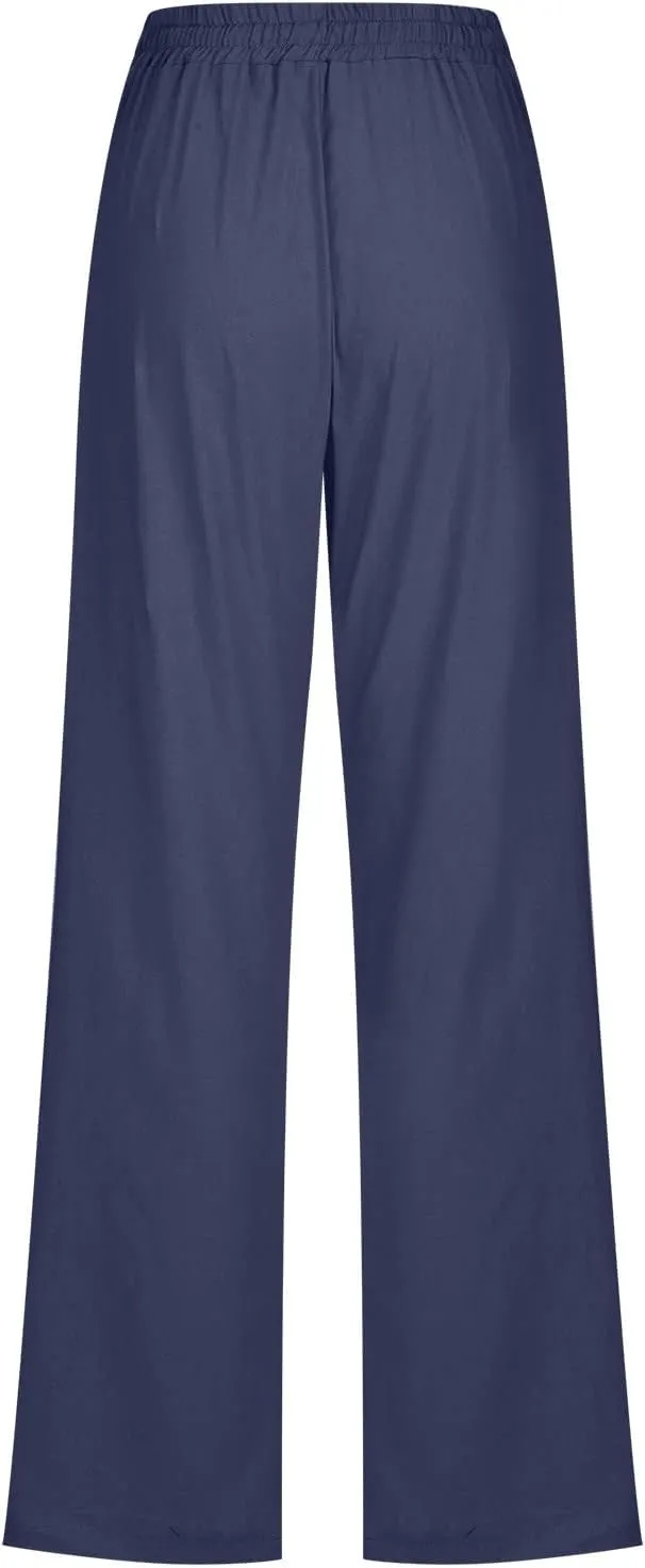 Womens Casual Linen High Waist Pants Drawstring Loose Fit Summer Pants Comfy Work Trousers with Side Pockets