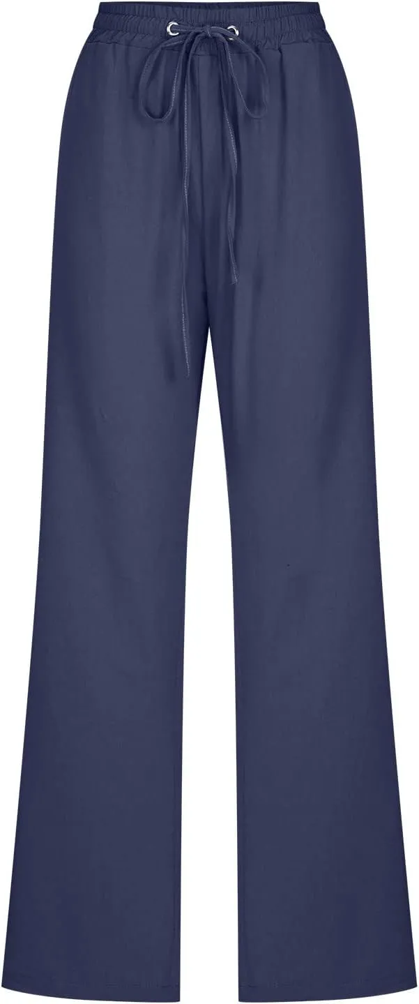 Womens Casual Linen High Waist Pants Drawstring Loose Fit Summer Pants Comfy Work Trousers with Side Pockets